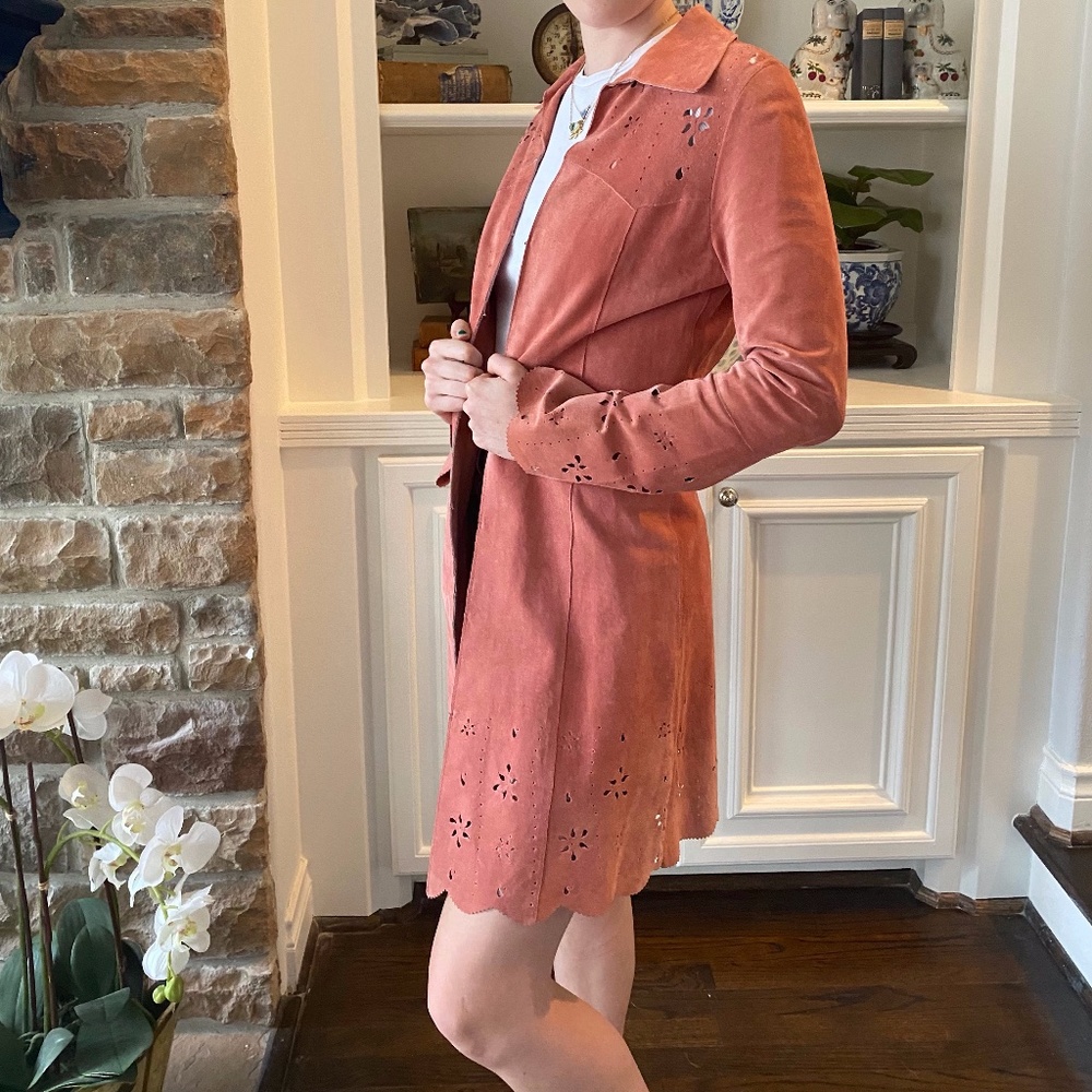 Vintage Rose Suede Coat with floral design cut outs